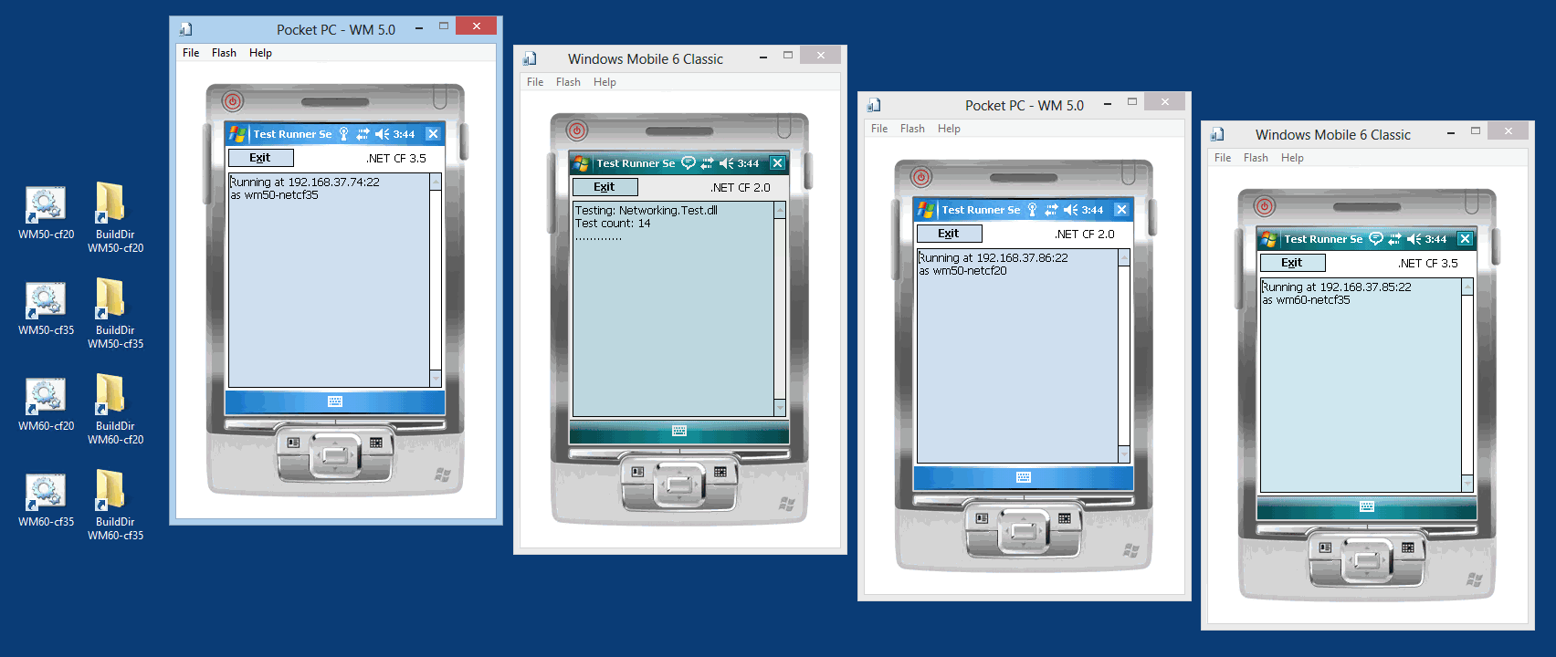 Screenshot of CF emulators running test servers